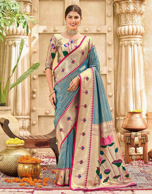 Vasthrlay Paithani Kanjivaram Unstitched Pink Saree