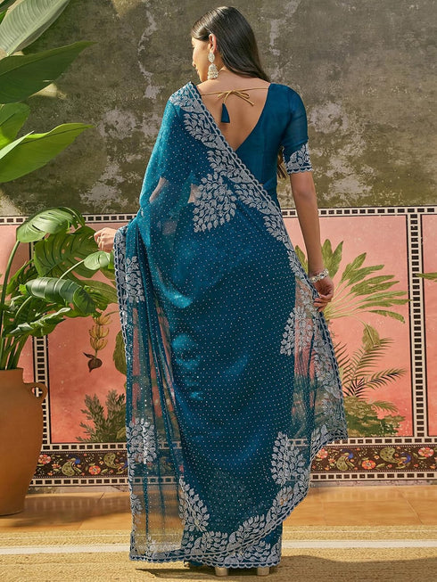 Vasthrlay Shimmer Scalloped Peacock Blue Saree With Unstitched Blouse Piece