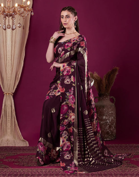Vasthrlay Georgette Printed Unstitched Rani Pink Saree