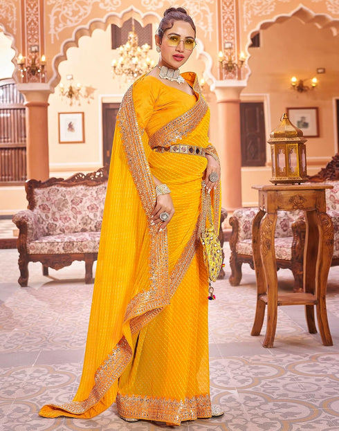 Vasthrlay Embroidery Georgette Light Yellow Saree With Unstitched Blouse Piece