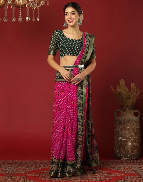 Vasthrlay Georgette Bandhani Unstitched Wine Saree