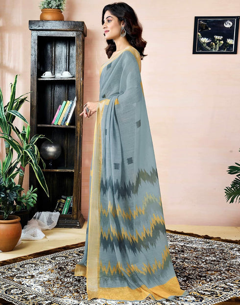 Vasthrlay Womens Printed Grey Saree With Unstitched Blouse Piece