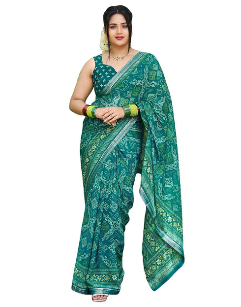 Vasthrlay Georgette Bandhani Green And White Saree With Unstitched Blouse Piece