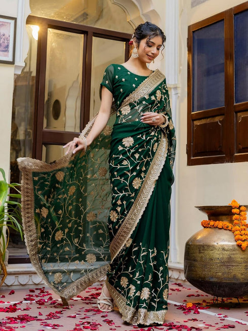 Vasthrlay Georgette Embroidery Unstitched Dark Green Saree