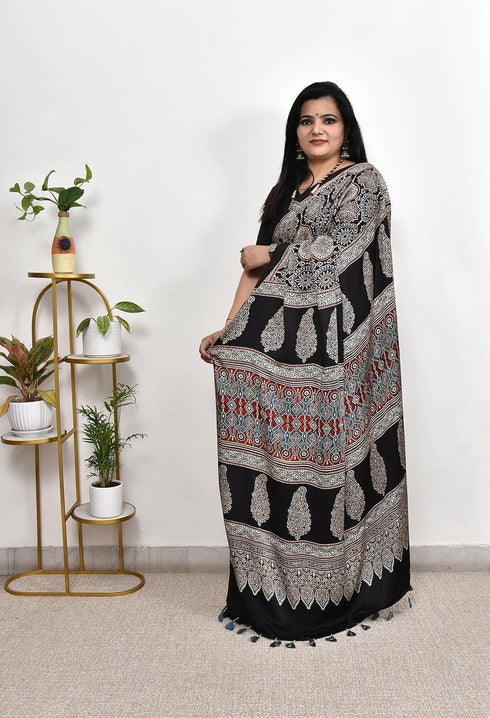 Vasthrlay Ajrakh Saree Crepe