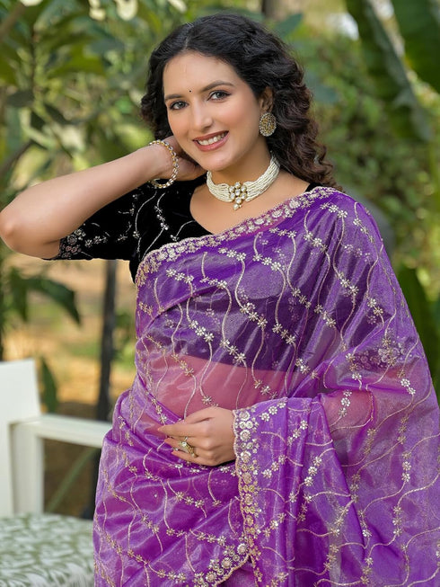 Vasthrlay Sequins Embroidery Turquoise Saree
