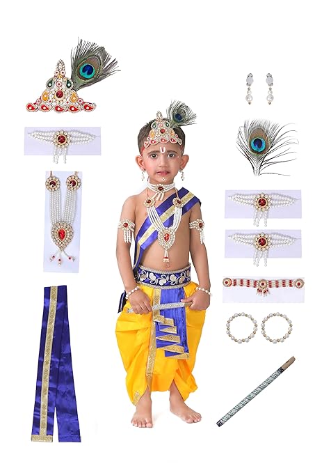 Raj Fancy Dresses Krishna Dress for Kids, Baby Krishna Dress for Janmashtami with Krishna Mukut