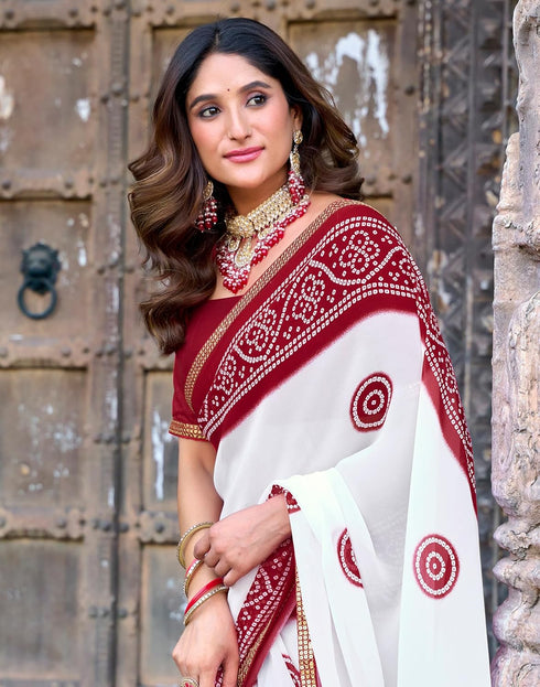 Vasthrlay Bandhani Georgette Unstitched White Saree