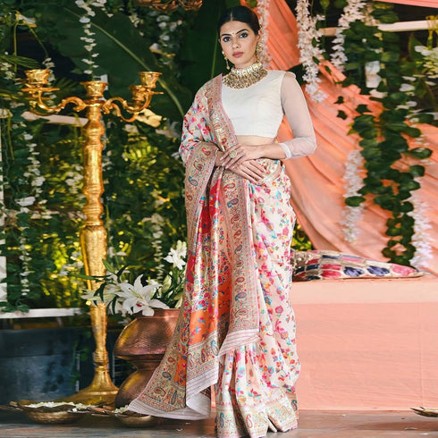 VasthrlayKanjivaram Unstitched Kashmir Creammmm Free Ethnic Wear