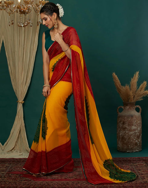 Vasthrlay Georgette Bandhani Unstitched Yellow Saree