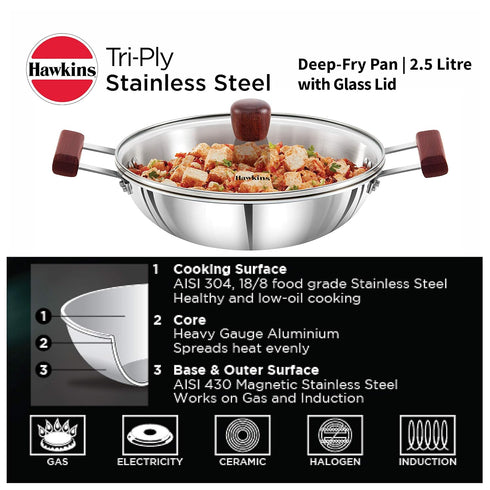 Hawkins 2.5 Litre Deep Fry Pan | Triply Stainless Steel Kadai
