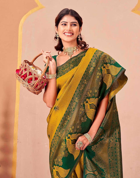 Vasthrlay Kanjivaram Jacquard Unstitched Mustard Saree
