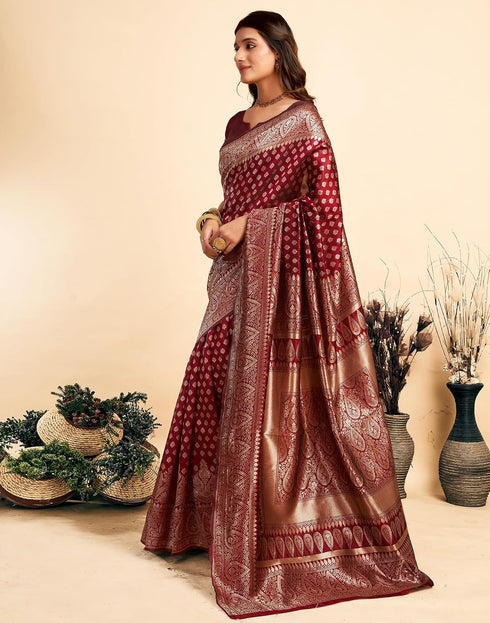Vasthrlay Kanjivaram Banarasi Wedding Maroon Saree With Unstitched Blouse Piece