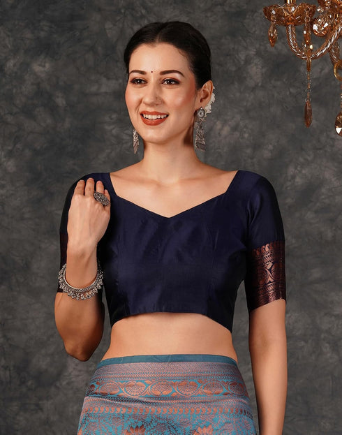 Vasthrlay Banarasi Kanjeevaram Blue Saree With Unstitched Blouse Piece