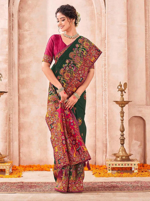 Vasthrlay Womens Weaving Unstitched Dark Green Saree