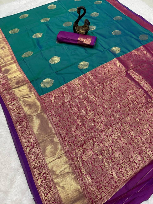 Vasthrlay Kanjivaram Floral Design Contrast Seagreen