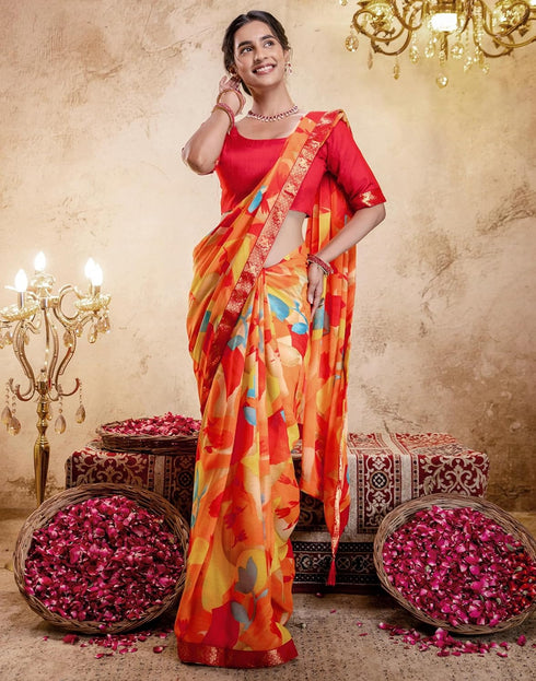 Vasthrlay Georgette Printed Unstitched Orange Saree