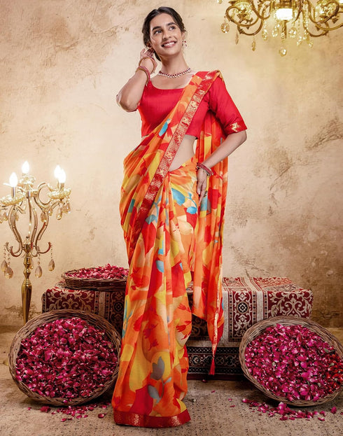Vasthrlay Georgette Printed Orange Saree With Unstitched Blouse Piece