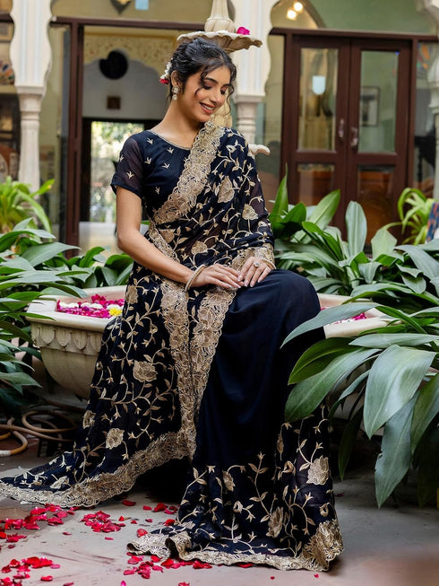 Vasthrlay Georgette Embroidery Navy Blue Saree With Unstitched Blouse Piece