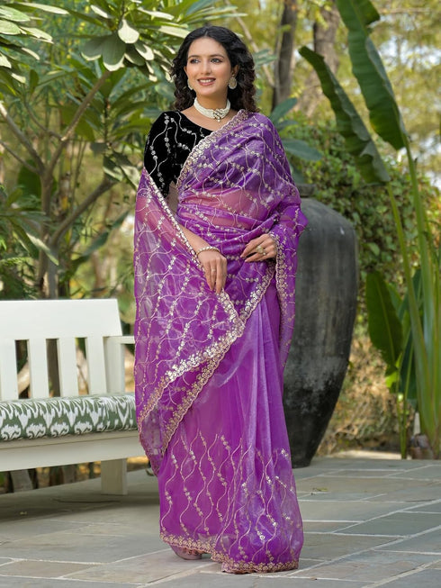 Vasthrlay Embroidery Scalloped Unstitched Navy Blue Saree