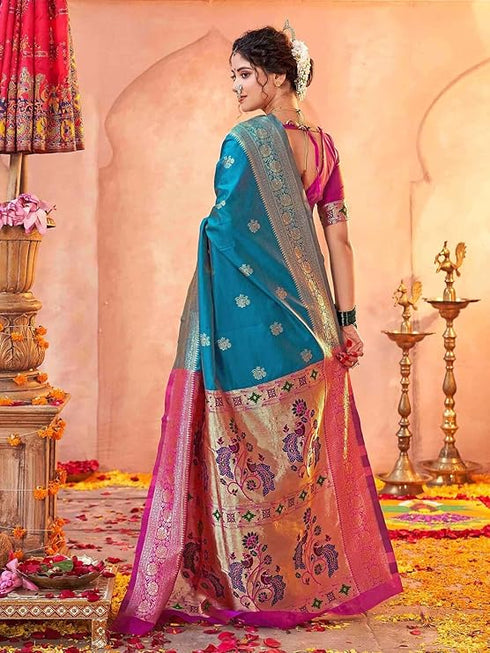 Vasthrlay Weaving Paithani Unstitched Dark Green Saree