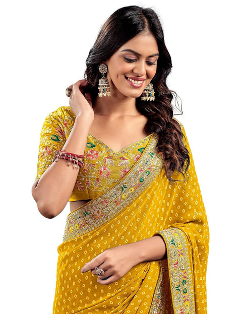 Vasthrlay Embroidery Traditional Yellow Saree With Unstitched Blouse Piece
