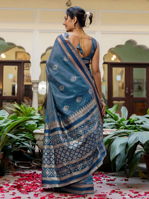 Vasthrlay Banarasi Weaving Unstitched Teal Saree