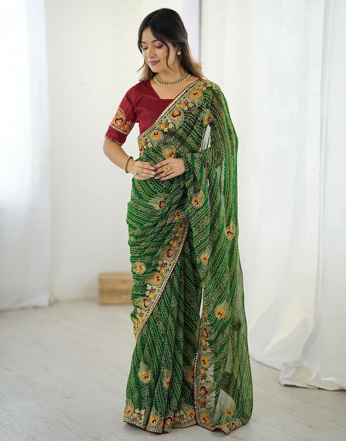 Vasthrlay Georgette Embroidery Green Saree With Unstitched Blouse Piece