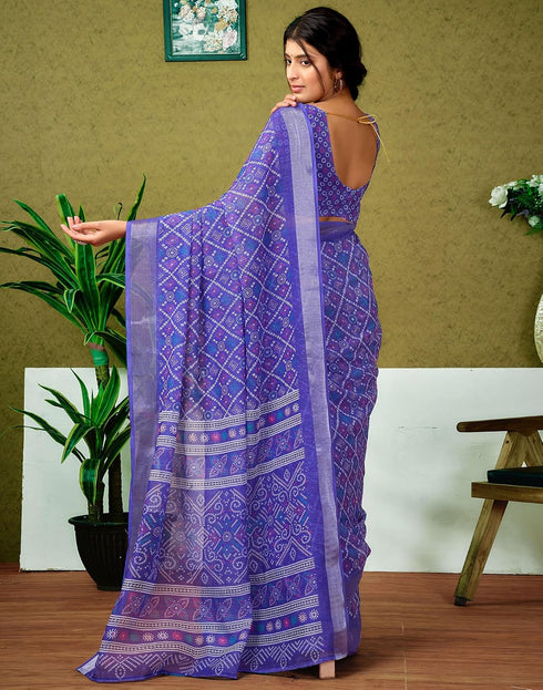 Vasthrlay Womens Cotton Printed Blue Saree With Unstitched Blouse Piece