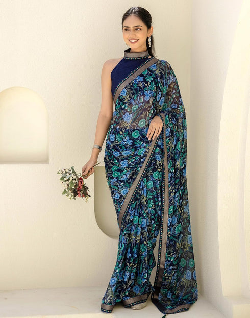 Vasthrlay Chiffon Tassels Dark Navy Blue Saree With Unstitched Blouse Piece