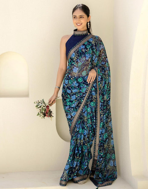 Vasthrlay Chiffon Tassels Unstitched Dark Green Saree