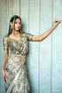 Vasthrlay Greyscale Abstract Floral Polyester Saree With Zari Border And Ruched Unstitched Blouse Piece