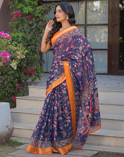 Vasthrlay Womens Printed Unstitched Dark Green Saree