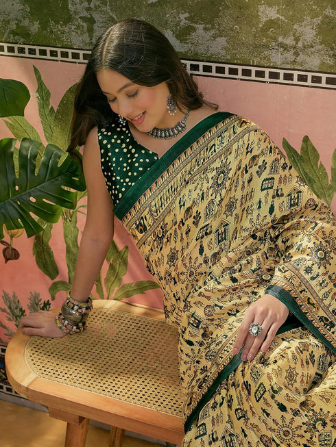 Vasthrlay Womens Printed Dusty Lemon Yellow Saree With Unstitched Blouse Piece