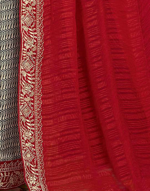 Vasthrlay Georgette Embroidery White | Black Saree With Unstitched Blouse Piece