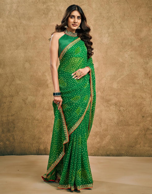 Vasthrlay Georgette Traditional Unstitched Dark Green Saree