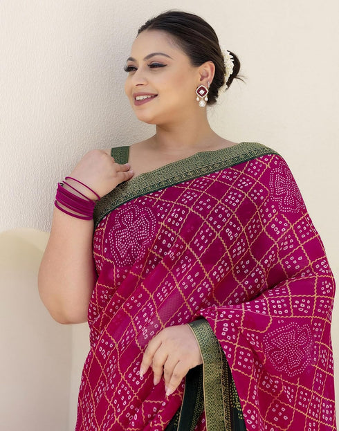 Vasthrlay Chiffon Bandhani Pink Saree With Black Unstitched Blouse Piece