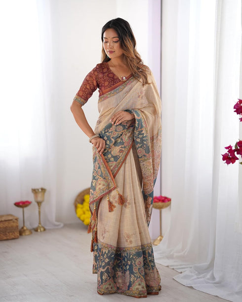 Vasthrlay Handloom Beige Blue Traditional Saree