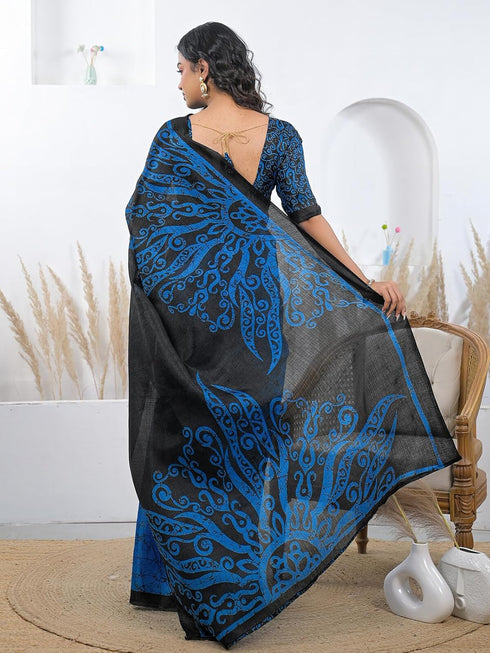 Vasthrlay Printed Tassels Blue Saree With Unstitched Blouse Piece