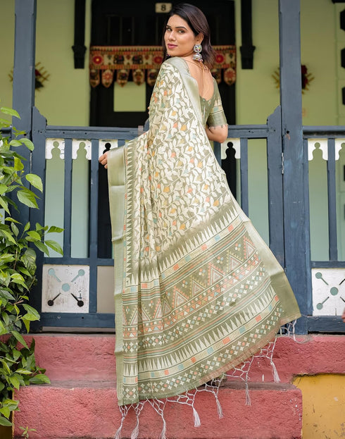Vasthrlay Womens Printed Unstitched Light Green Saree