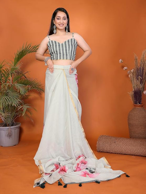 Vasthrlay Off White1 Womens Linen Ready To Wear Saree