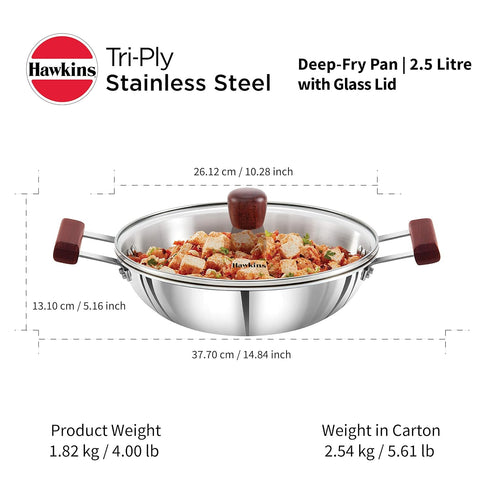 Hawkins 2.5 Litre Deep Fry Pan | Triply Stainless Steel Kadai