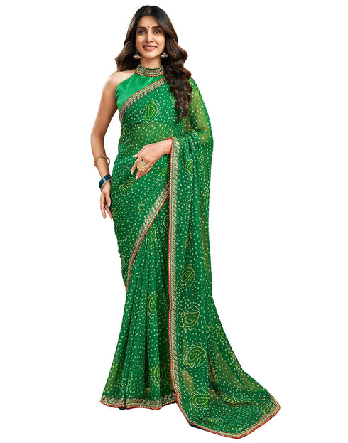 Vasthrlay Georgette Bandhani Green And White Saree With Unstitched Blouse Piece