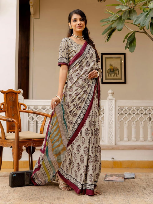 Vasthrlay Womens Printed Unstitched Beige Saree