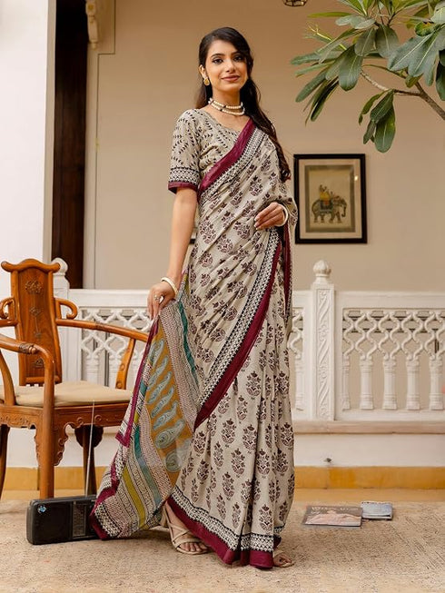 Vasthrlay Womens Printed Maroon Saree With Unstitched Blouse Piece