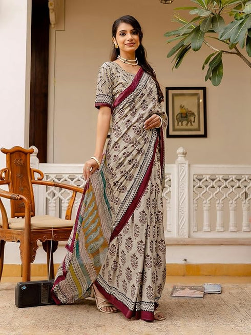Vasthrlay Womens Printed Unstitched Beige Saree