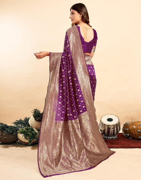 Vasthrlay Kanjivaram Banarasi Wedding Purple Saree With Unstitched Blouse Piece