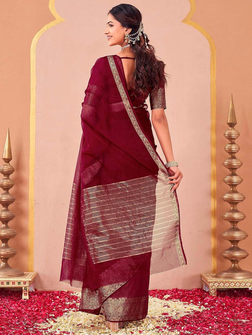 Vasthrlay Organza Jacquard Unstitched Light Green Saree