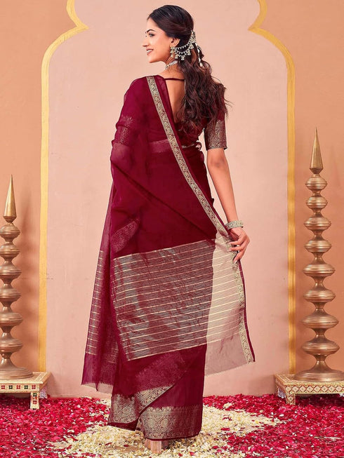 Vasthrlay Organza Jacquard Maroon Saree With Unstitched Blouse Piece