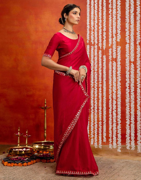 Vasthrlay Sequence Embroidery Red Saree With Red Unstitched Blouse Piece